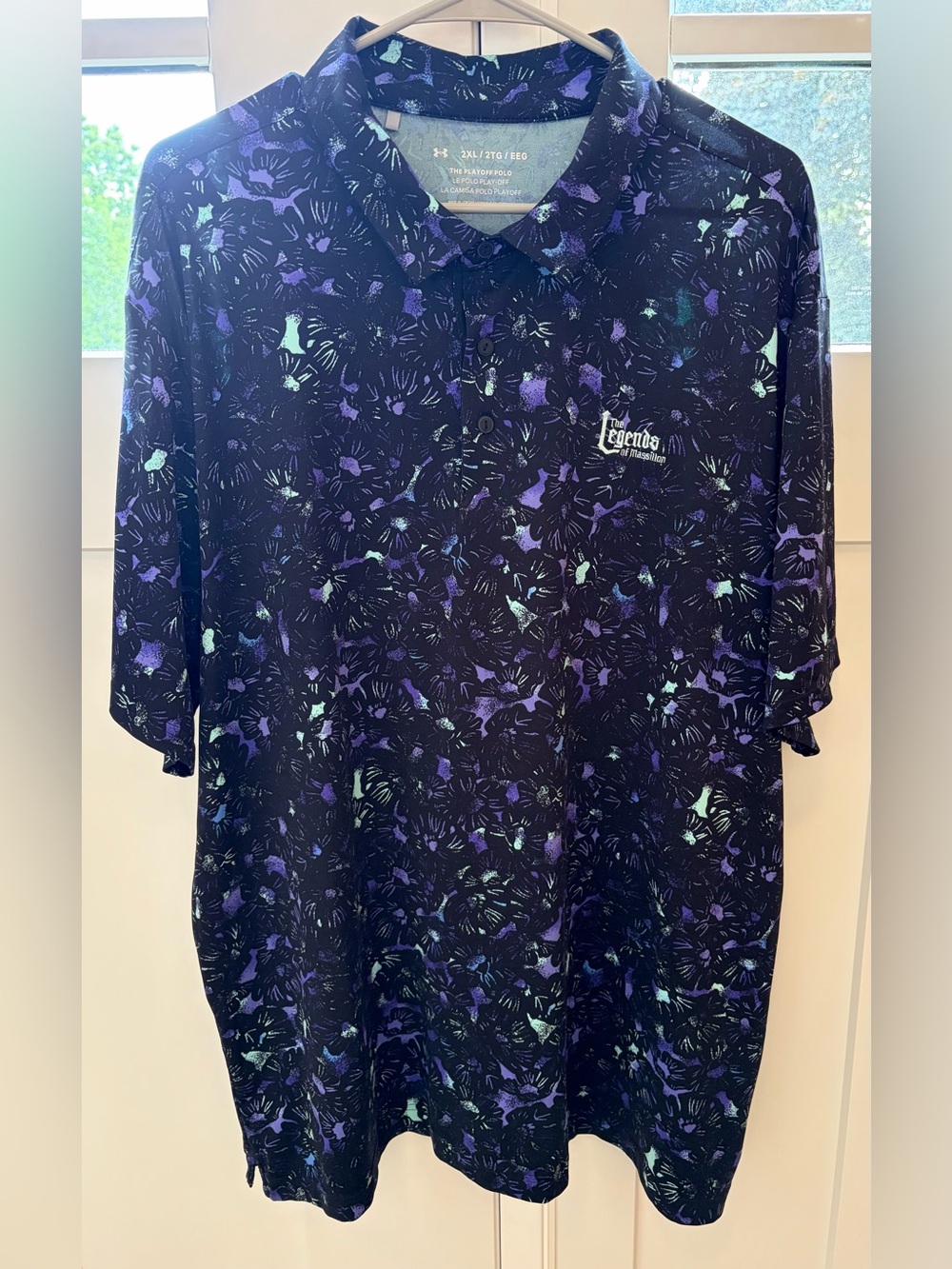 Under Armour Black Golf Polo Shirt Purple Teal Blue Floral Pattern XXL Legends